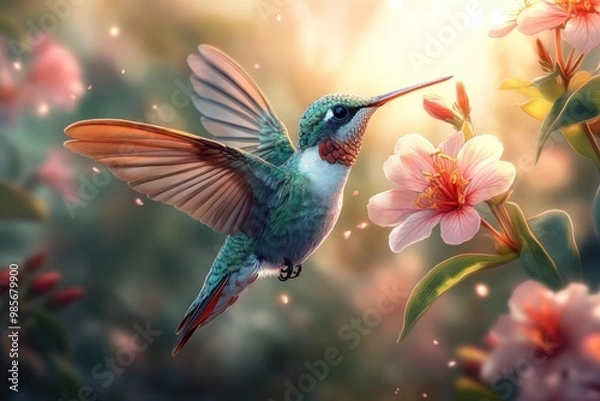 Fototapeta A vibrant hummingbird hovers mid-flight, beak extended towards a delicate pink flower.