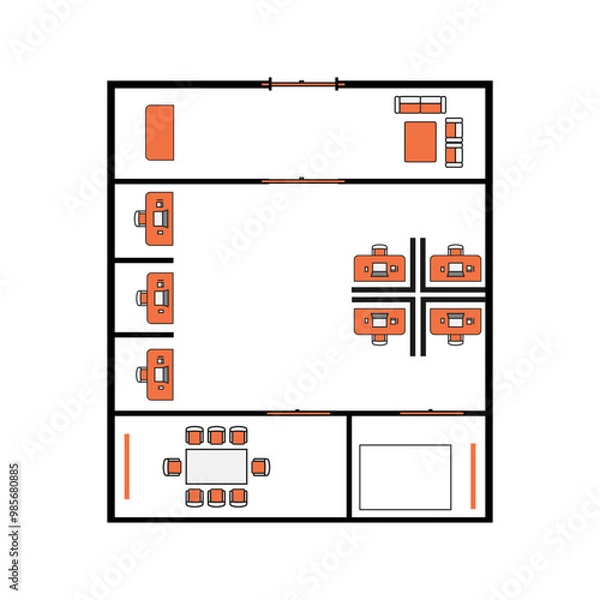 Fototapeta Office floor plan with desks, meeting table, and lounge area. Flat design top view layout for workspace planning concept.