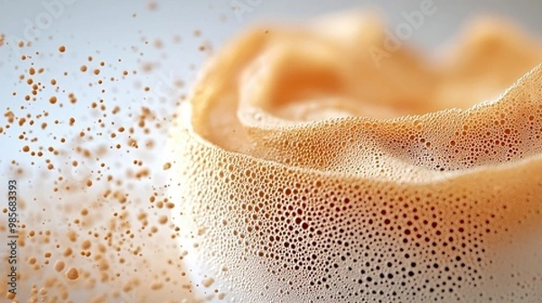 Fototapeta Macro shot showing fine foam bubbles and particles floating in the air, captured during a liquid splash under soft lighting. es.