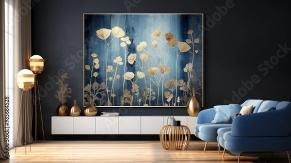 Fototapeta Elegant silhouettes of plants on canvas with gold, black, blue, and gray tones – modern interior art for home decor, stylish background wallpaper design for living rooms and offices.


