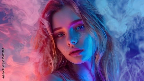 Obraz Close-up portrait of young woman with wavy hair surrounded by colorful smoke