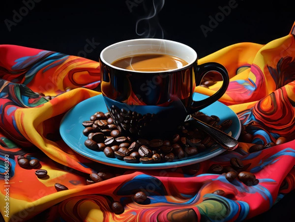 Fototapeta Attractive Top view of red cup with coffee beans