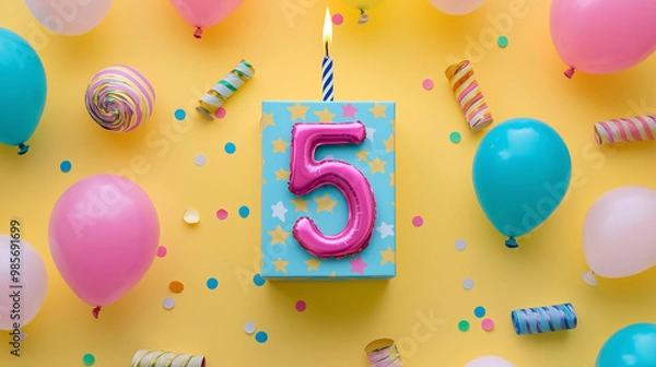 Fototapeta happy 5th birthday, balloons in colourful background 