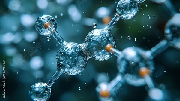 Fototapeta A close-up view of molecular structures in water, showcasing interconnected atoms and the dynamic nature of chemical bonds.