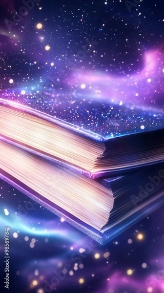 Fototapeta A stunning cosmic scene featuring an open book against a backdrop of vibrant galaxies and stars, inviting imagination and exploration.