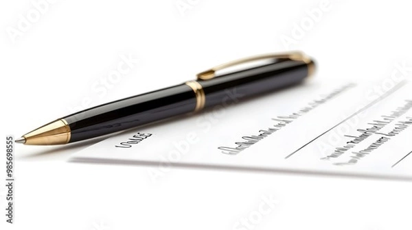 Fototapeta Signed Business Contract with Pen on White Background Representing Deal Finalization