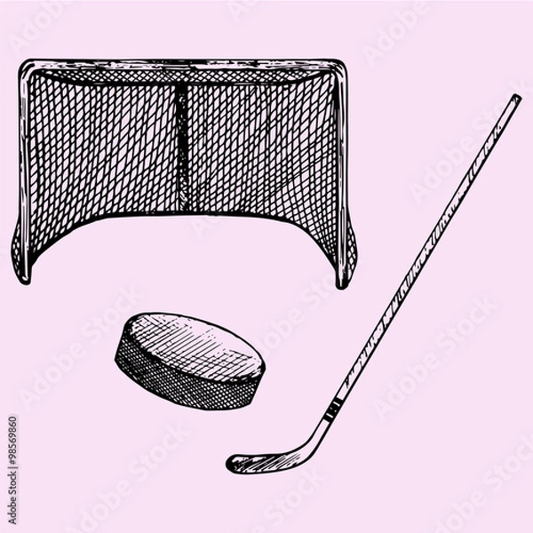 Obraz set of ice hockey elements: hockey stick, hockey goal and puck, doodle style, sketch illustration, hand drawn, vector