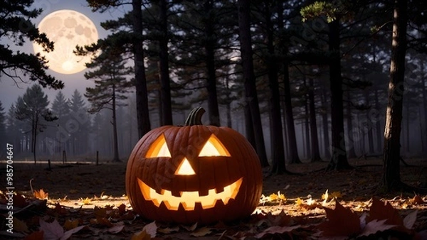Fototapeta Creepy glowing pumpkin background in dark and foggy forest