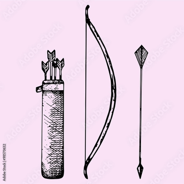 Obraz set of bow and arrow, doodle style, sketch illustration, hand drawn, vector