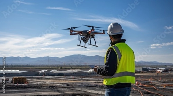 Obraz A technician using a drone to survey a large solar panel installation