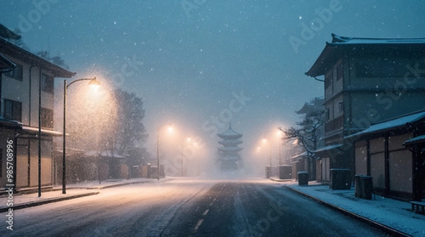 Fototapeta A serene and introspective nighttime winter scene in Japan, captured in a minimalist photography style 
