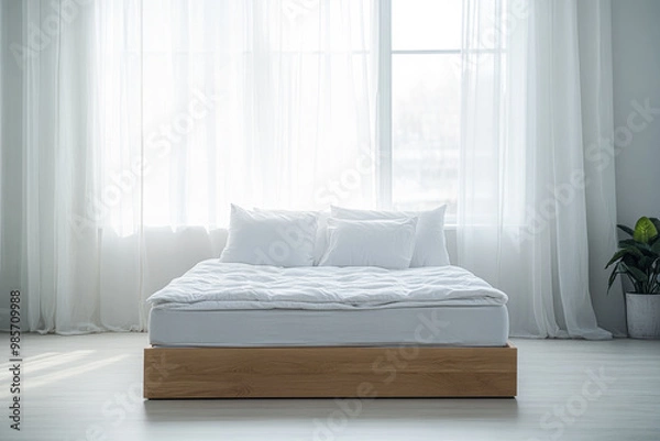 Fototapeta A simple and modern bedroom with a wooden bed frame and a cozy mattress in natural light during the morning