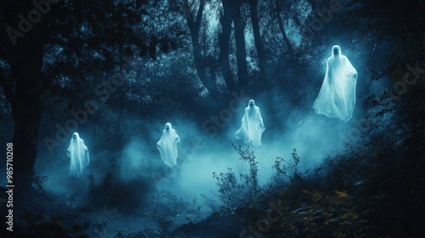 Fototapeta Three ghostly apparitions float outside a spooky, abandoned house surrounded by thick fog, creating a chilling haunted scene.
