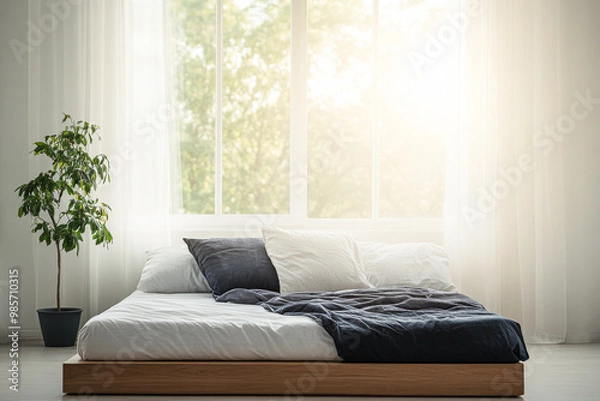 Fototapeta Cozy minimalist bedroom with natural light and a touch of greenery in a serene living space