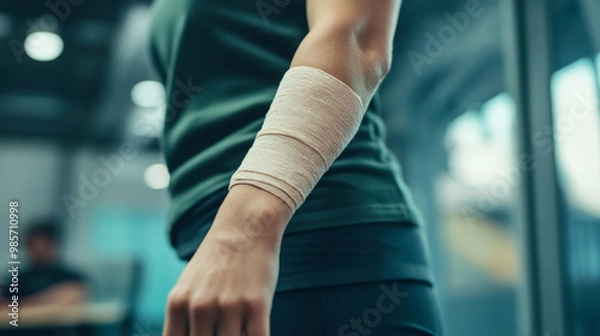 Fototapeta Close-up of a person wearing an arm bandage in a gym setting, symbolizing injury recovery, fitness, and perseverance.
