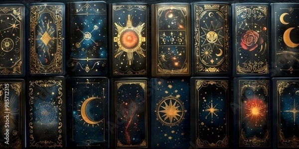Fototapeta Seamless pattern of mystical tarot cards with handdrawn symbols like moons stars and celestial bodies on a dark background
