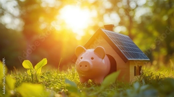 Fototapeta Solar-powered piggy bank house under bright sunlight, showcasing eco-friendly and money-saving living. Copy space available.