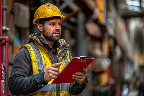 Fototapeta Construction Engineer with Clipboard Pointing Up in Safety Gear