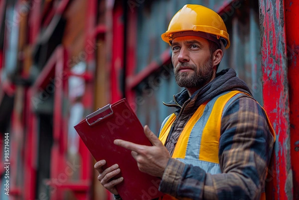 Fototapeta Construction Engineer with Clipboard Pointing Up in Safety Gear