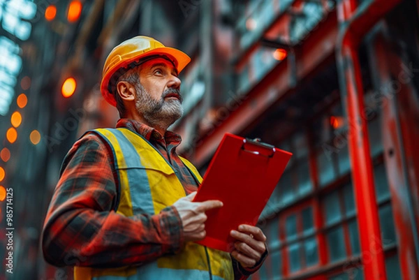Fototapeta Senior Construction Engineer with Clipboard Pointing Up in Safety Gear