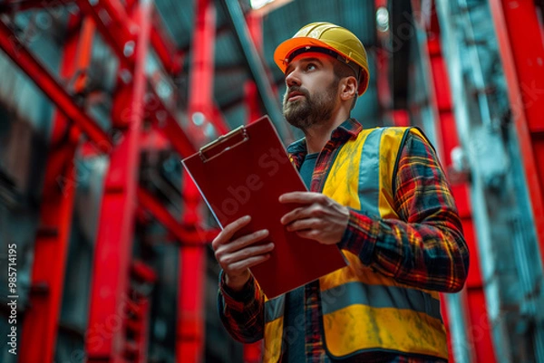 Fototapeta Construction Engineer with Clipboard Pointing Up in Safety Gear