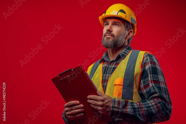 Fototapeta Construction Engineer with Clipboard Pointing Up in Safety Gear