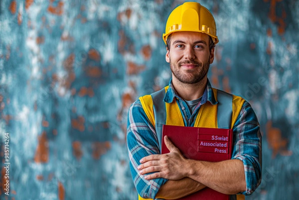 Fototapeta Construction Engineer with Clipboard Pointing Up in Safety Gear
