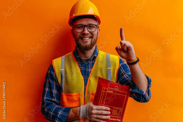 Fototapeta Construction Engineer with Clipboard Pointing Up in Safety Gear