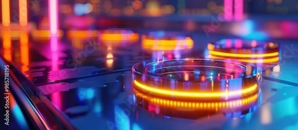 Fototapeta Abstract background with vibrant neon lights futuristic digital equipment and a mix of colors and textures creating a captivating atmosphere reminiscent of a nightclub music studio