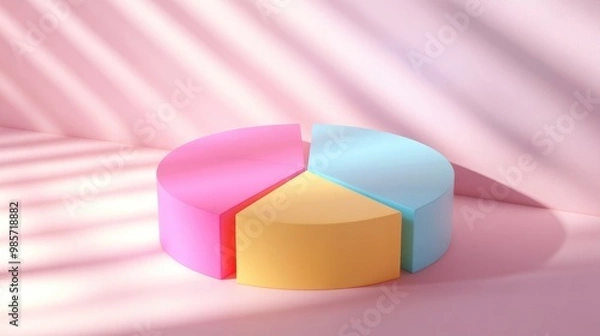 Fototapeta Pastel-colored pie chart on pink background with sunlit stripes.