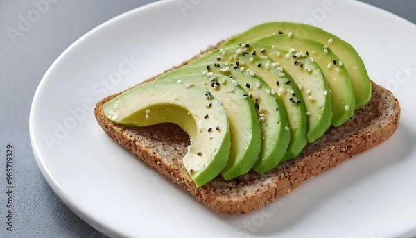 Fototapeta Avocado Toast on White Plate. Sliced avocado on a wholegrain toast