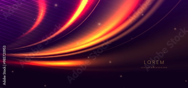 Fototapeta Abstract elegant  glowing orange curve line lighting effect on dark purple background. Hi-speed motion moving concept.