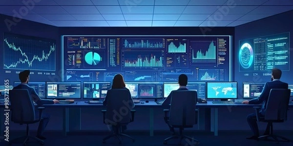 Obraz An experienced team of computer data scientists works on desktop computers with screens displaying charts, graphs, infographics, technical neural data, and statistics. A low key control room