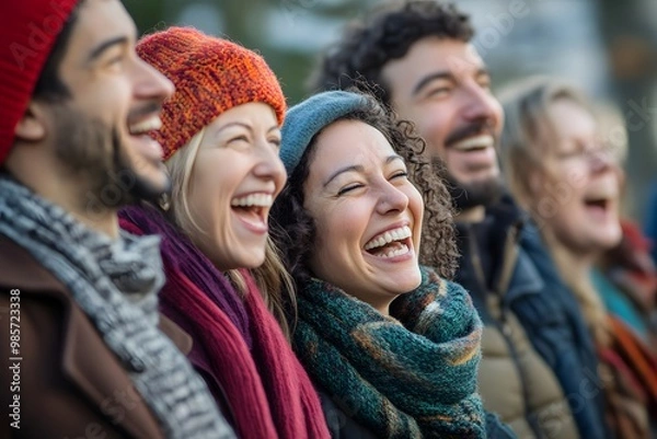 Fototapeta Portrait of a young group of people laughing together, natural light and sincere emotion