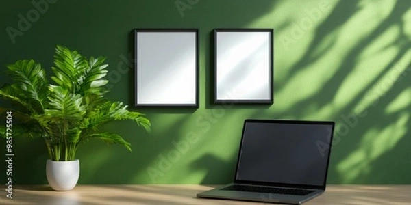 Fototapeta A minimalistic interior design with a laptop, plant, and two blank frames against a green wall. The natural light creates a warm and inviting atmosphere.