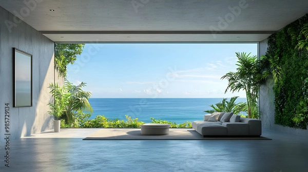 Fototapeta Modern Minimalist Living Room with Ocean View - 3D Illustration