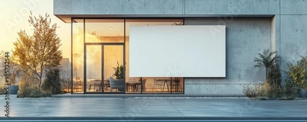 Obraz Modern Minimalist Building Exterior with Large Blank Billboard at Sunset