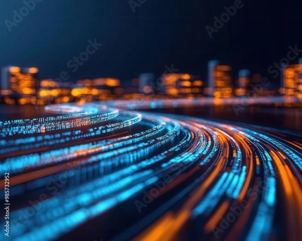 Obraz Glowing digital data streams flowing through a virtual cityscape, futuristic glowtime, tech innovation and connectivity