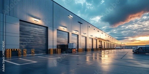 Fototapeta A large industrial building with multiple loading docks, a van parked in the foreground, and a colorful sunset sky.