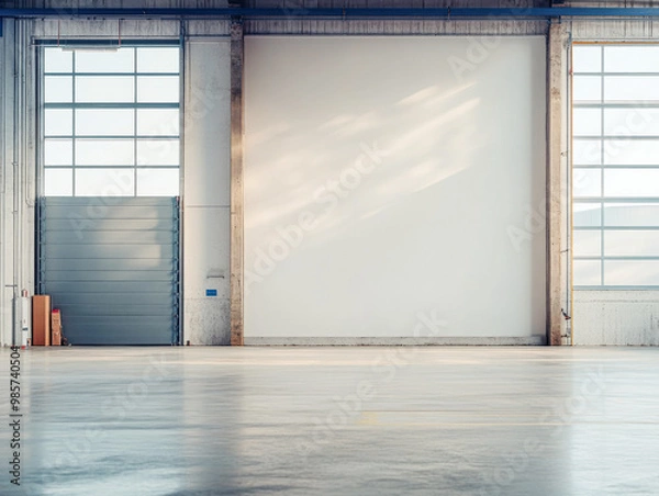 Fototapeta Spacious industrial warehouse interior with large windows and clear walls during daylight hours
