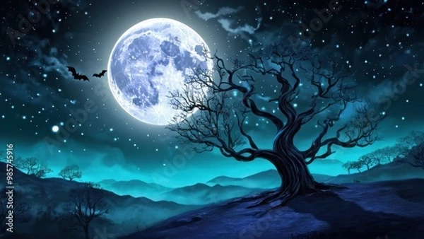 Fototapeta A haunting full moon illuminates a spooky night scene with a twisted tree and flying bats over a misty graveyard, evoking a chilling Halloween atmospher