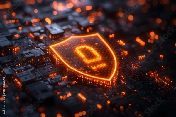 Obraz Digital shield protecting a network, glowing binary code and secure lock icons, dark cyber theme