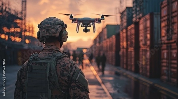 Fototapeta Military logistics using drone delivery, visualizing the specialized use of drones for transporting military supplies.