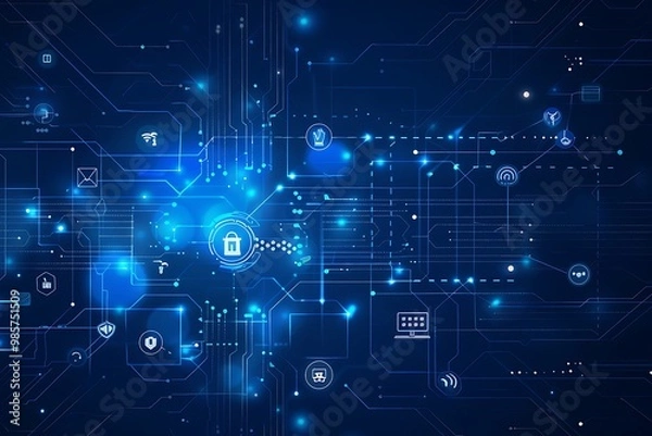 Fototapeta Abstract blue background with circuit board and icons