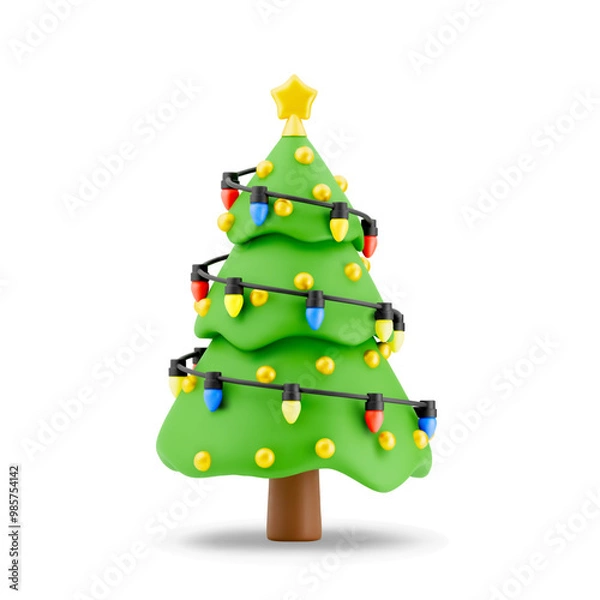 Obraz 3d cartoon Christmas pine tree adorned with colorful lights and golden ornaments and star, isolated on white background. For holiday-themed projects, cards, invitation. Vector illustration 3d render.