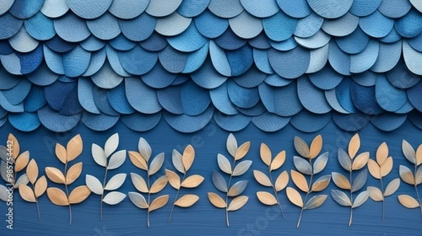 Fototapeta Abstract blue and gold paper leaf art, showcasing layered circular and leaf shapes on a blue background, perfect for home decor.