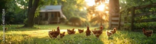 Fototapeta A sunny countryside with chickens roaming freely on green pastures, representing organic and sustainable farming. Free copy space for text.