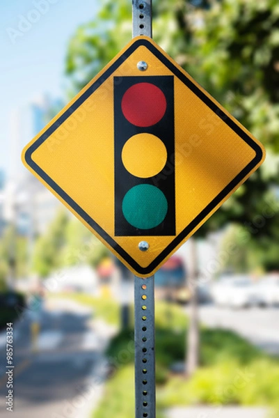 Fototapeta Stop light ahead yellow sign with a traffic signal on it for drivers, runners and cyclists.