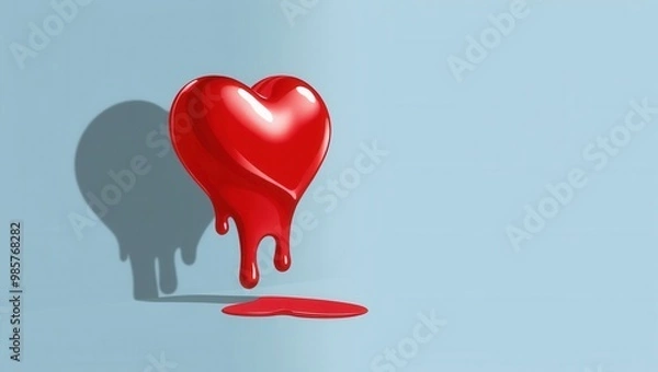Fototapeta Glossy Red Heart Melting on Blue Background – Surreal 3D Illustration