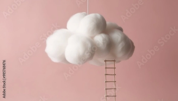 Fototapeta Floating Cloud and Ladder on Pastel Pink Sky – Imaginative Escape